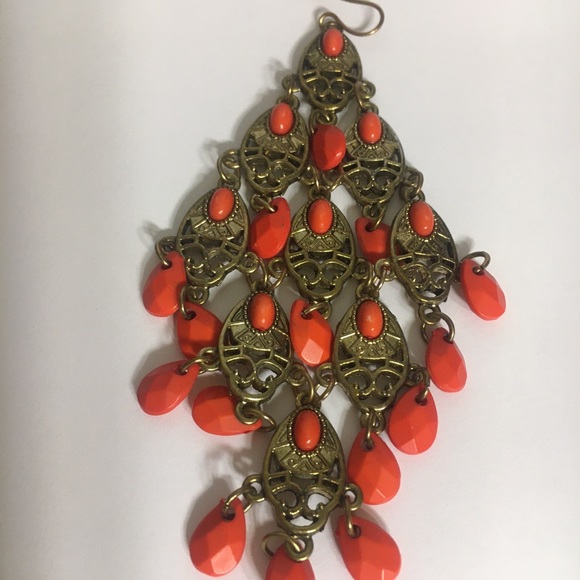 Boho Gold & Coral Beaded Dangling Earrings - Picture 7 of 7